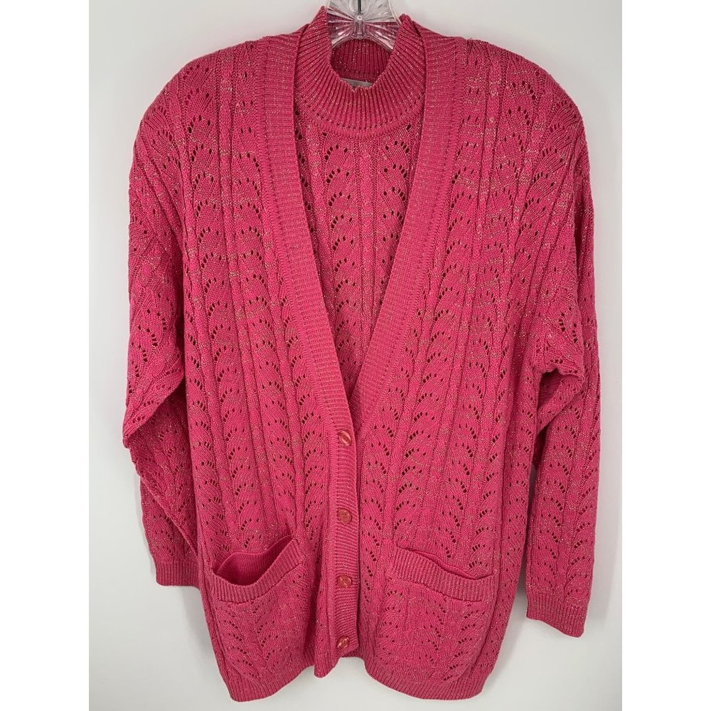 Vintage Outlander Pink Sweater Cardigan and Vest with Silver Thread Size M/L